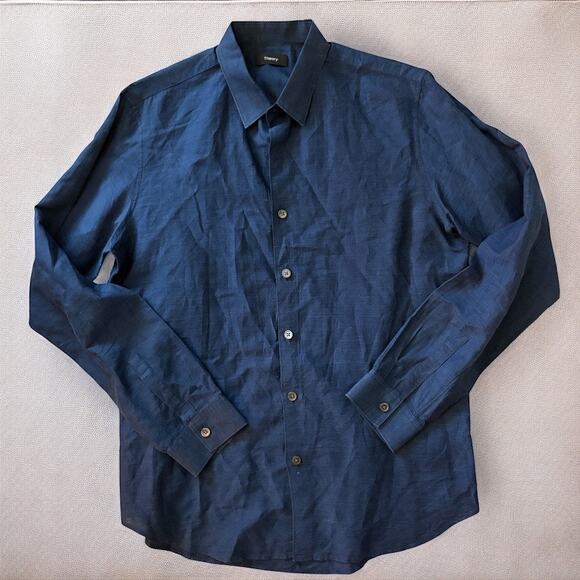 THEORY Rammy NP Rotuma Linen Dark Blue Button Up Medium - Picture 1 of 8